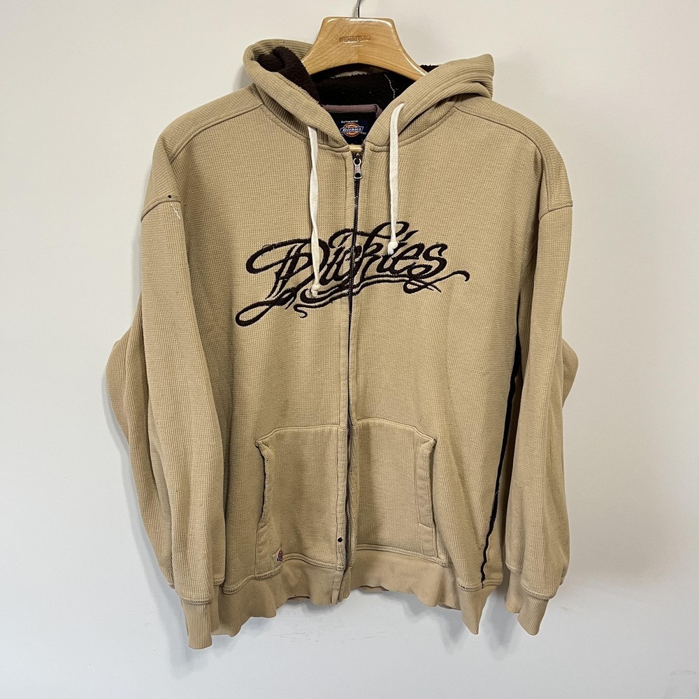 Vintage Dickies Y2K Hoodie Mens XL Beige Skate Punk‎ Full Zip Distressed 2000s